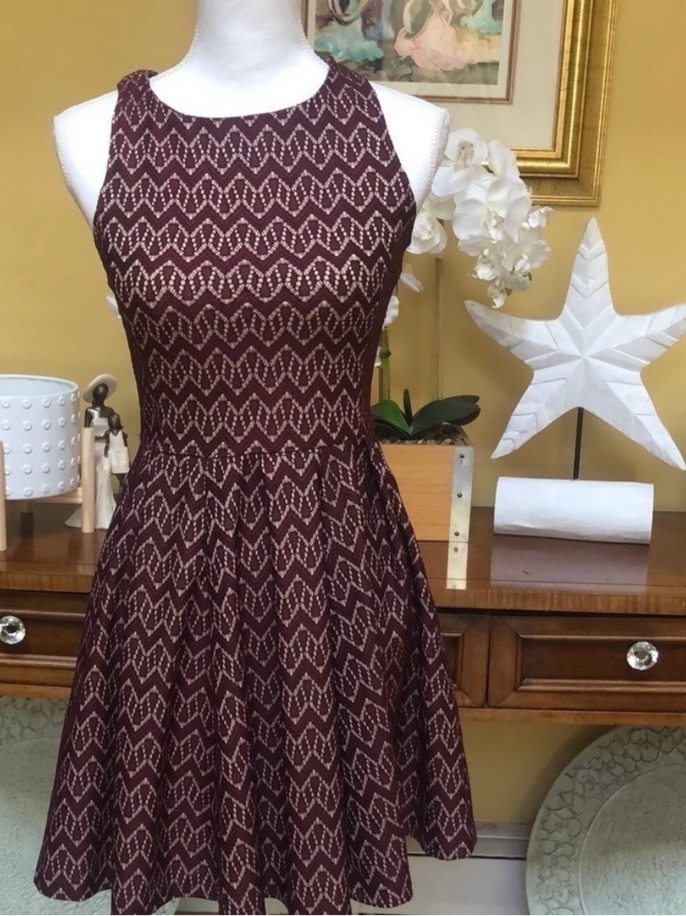 Aqua Lace Maroon & Beige A line Fit& Flare 
Mini Dress